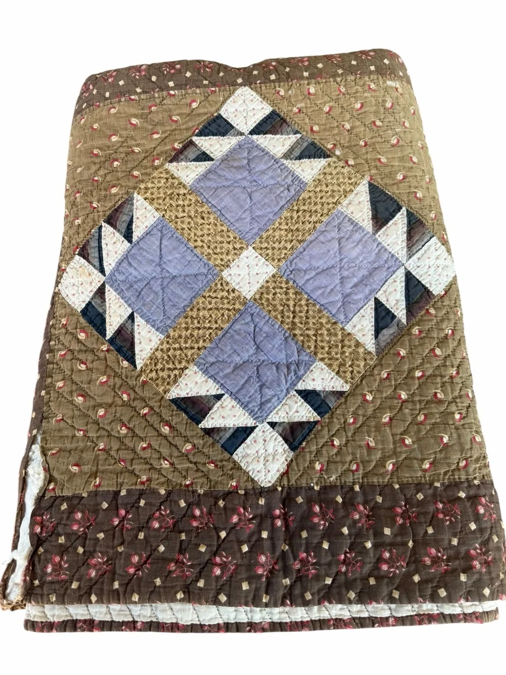 Vintage 4 Patch in Square Hand Sewn Quilt Brown Florals Earth Tones 70x76 CUTTER